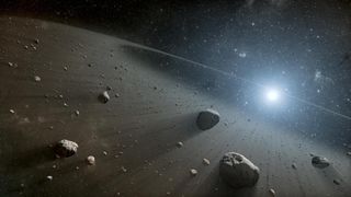 Illustration of a rocky asteroid belt with a bright sun in the distance