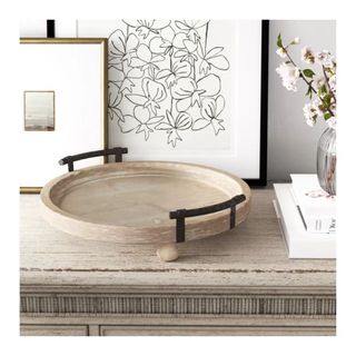 round wood tray with black handles
