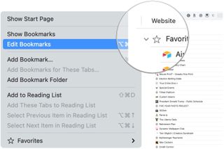 To remove bookmarks, launch Safari. Click Bookmarks from the menu bar, then select Edit Bookmarks.