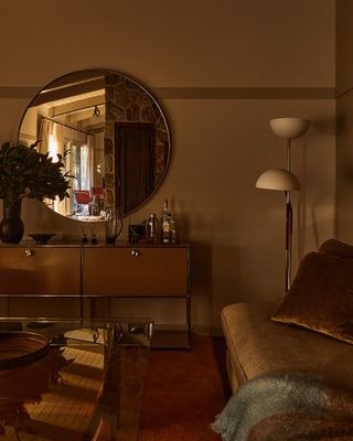 mid-century modern living room with silver and brown