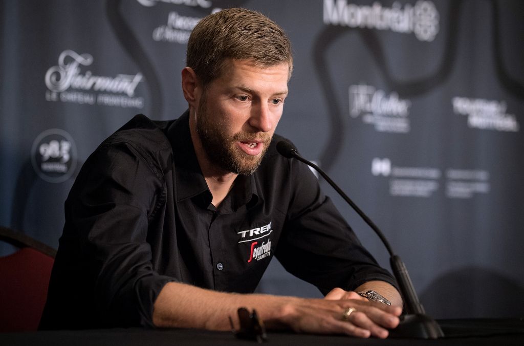 Ryder Hesjedal (Trek-Segafredo) answers questions from the press