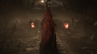 Promotional screenshot of 16666 Amsterdam showing a red-robed witch floating through a charred and desolate outdoor landscape as fire burns on torches ahead