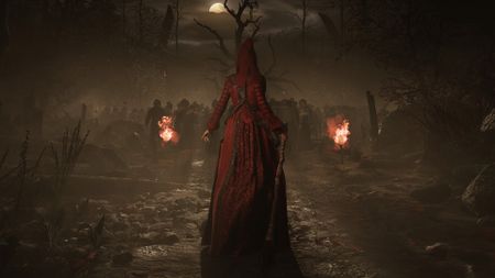 Promotional screenshot of 16666 Amsterdam showing a red-robed witch floating through a charred and desolate outdoor landscape as fire burns on torches ahead