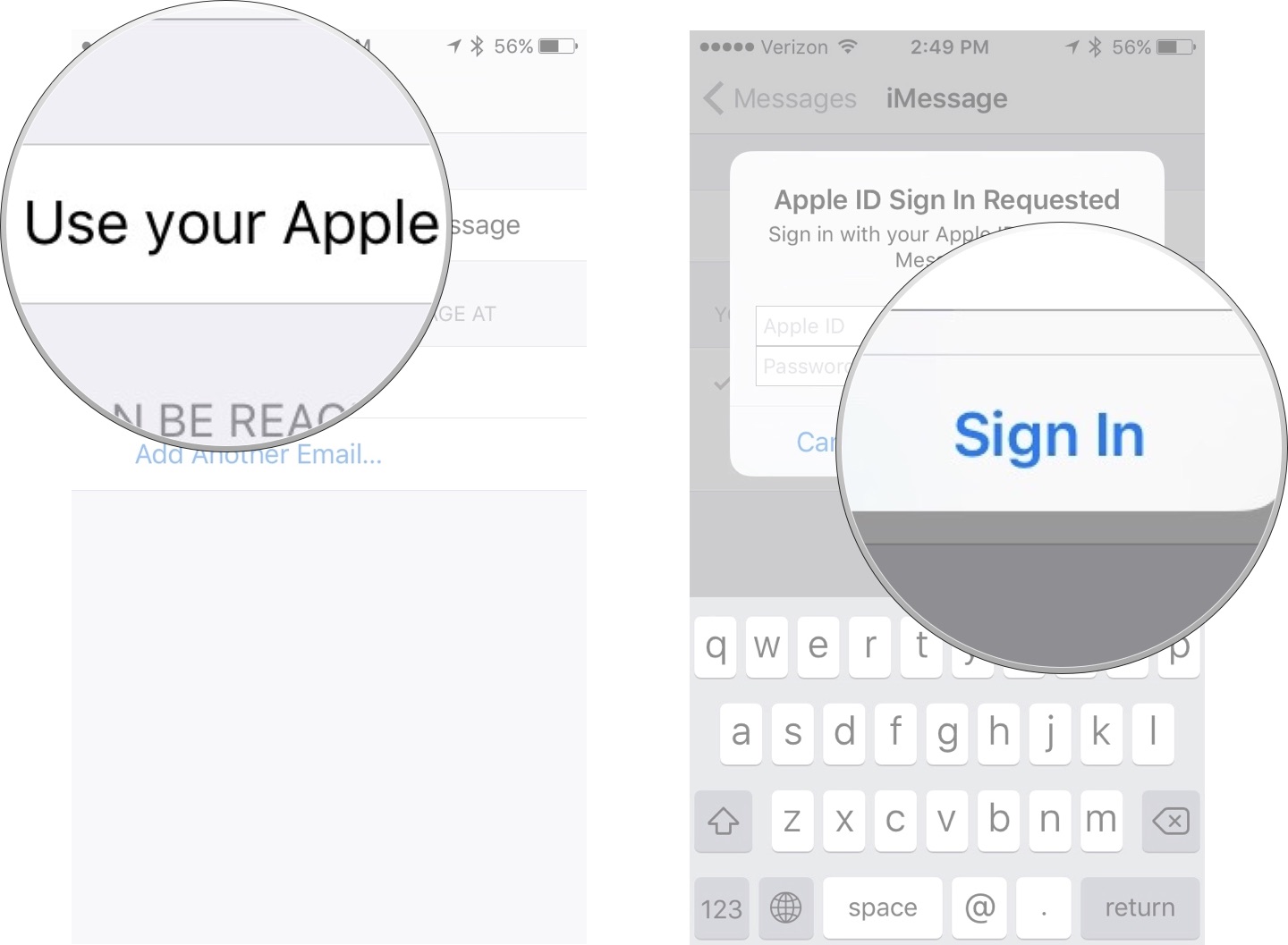 Change iMessage Apple ID, showing how to tap Use your Apple ID for iMessage, then tap Sign In after entering your Apple ID credentials