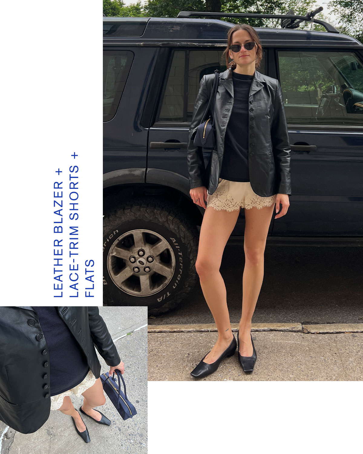 Eliza Huber wearing a leather blazer with lace trim Doen shorts.