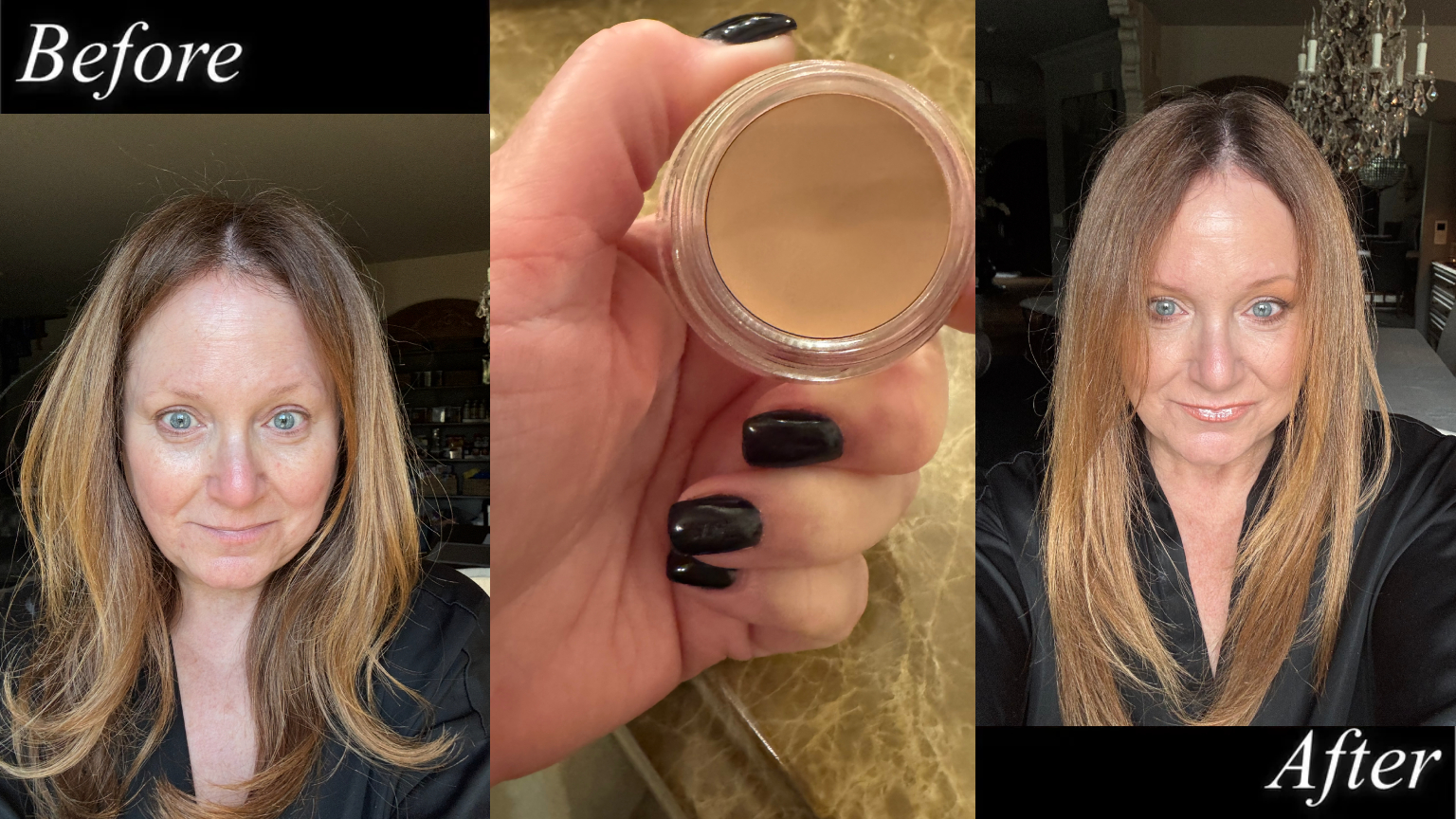Mature woman with highlighted brown hair and bright blue eyes applies eye makeup to her lids.