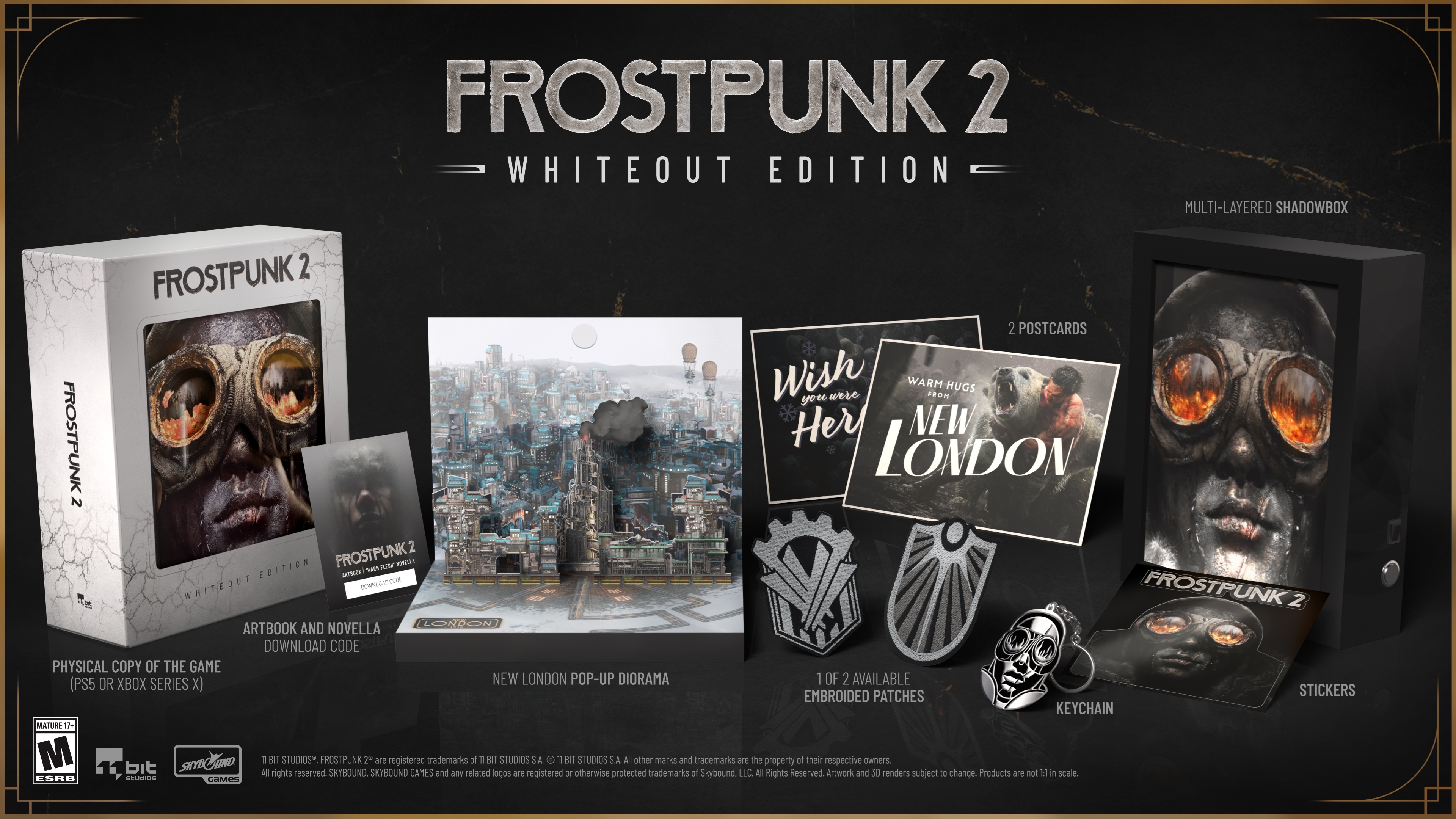 Frostpunk 2 Whiteout edition, with a diorama, game case, badges, and art cards