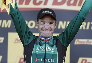 An ecstatic Thomas Voeckler (Europcar) on the podium after his stage win.