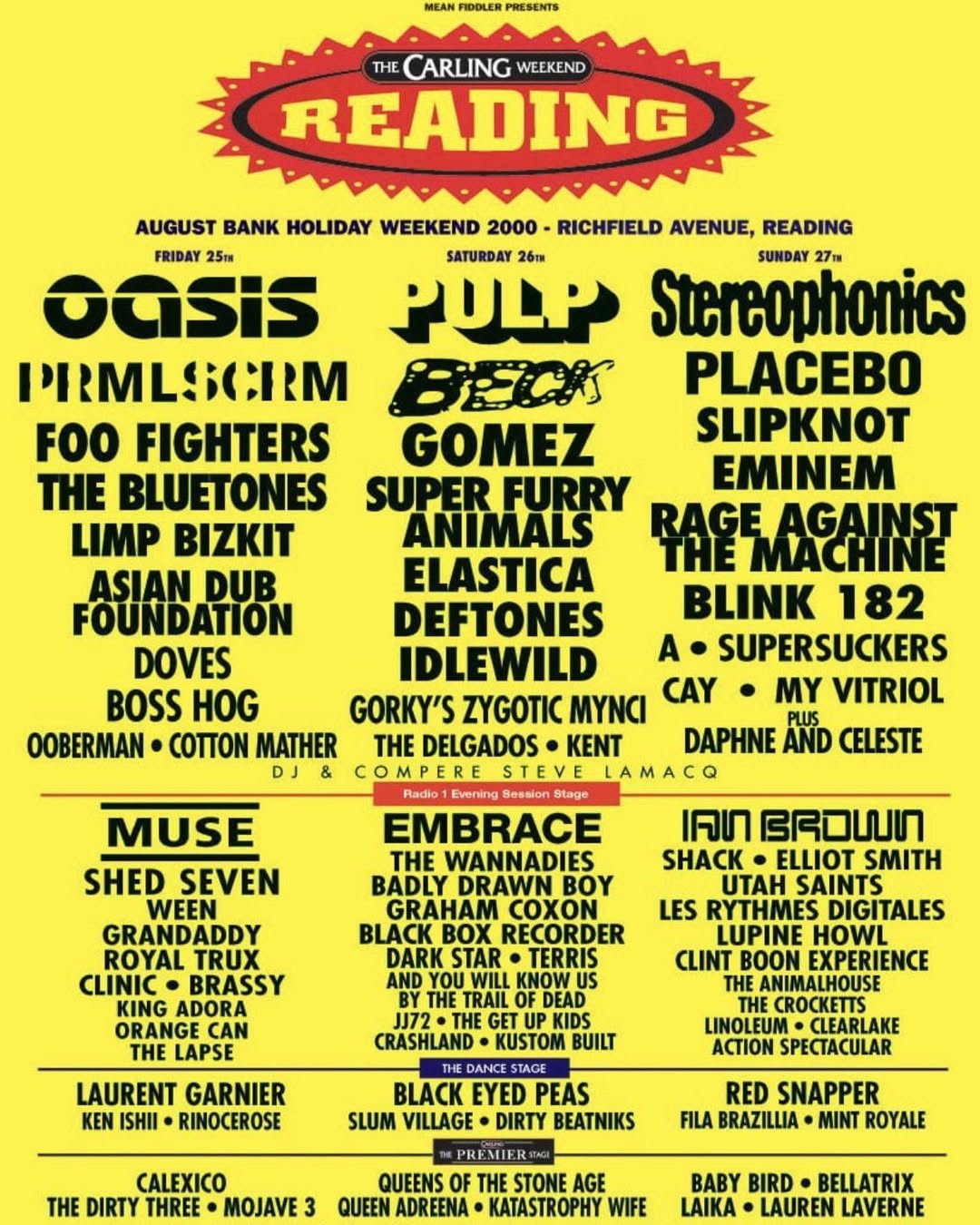 A lineup poster for Reading 2000