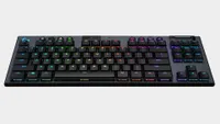 Logitech G915 TKL wireless gaming keyboard front angle on grey