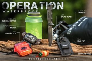 A selection of rugged outdoor items from previous Barrel & Blade boxes including a first aid kit, knife and flexible bottle.
