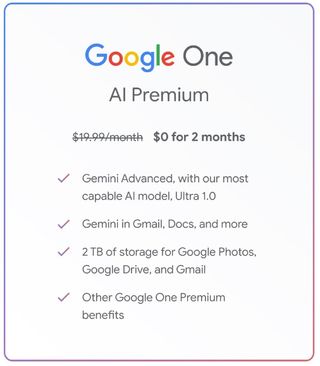 A screenshot of Google One's new "AI Premium" plan with Gemini Advanced packed into it.