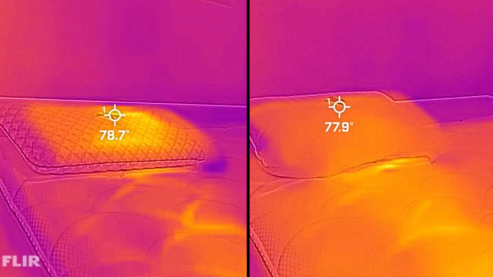 On the left, the Helix Cooling Memory Foam Pillow through a thermal cam. At minute 12, it's 78.7 °F. On the right, the Beckham Hotel Collection Pillow. At minute 12, it's 77.9 °F.