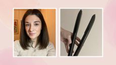 Collage of photos including woman with a sleek straight brunette bob and a hand holding the BaByliss 9000 Cordless Straighteners, on a pink watercolour background