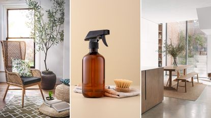 Wooden dish brush and spray bottle with an organic cleaner and two natural toned rooms with large windows