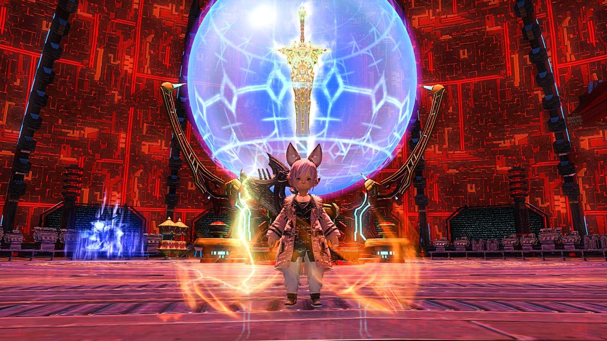 A Final Fantasy 14 stands in front of a giant orb after clearing the new deep dungeon