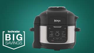 The Ninja Foodi 9-in-1 electric pressure cooker OP350UK on a green background