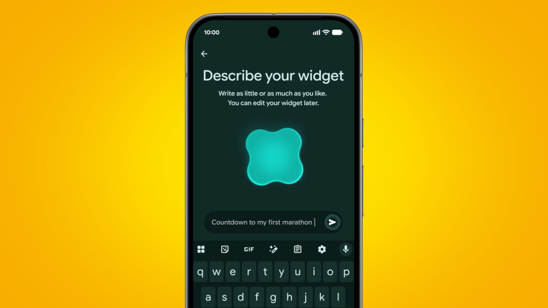 The Create My Widget Android interface on a yellow background