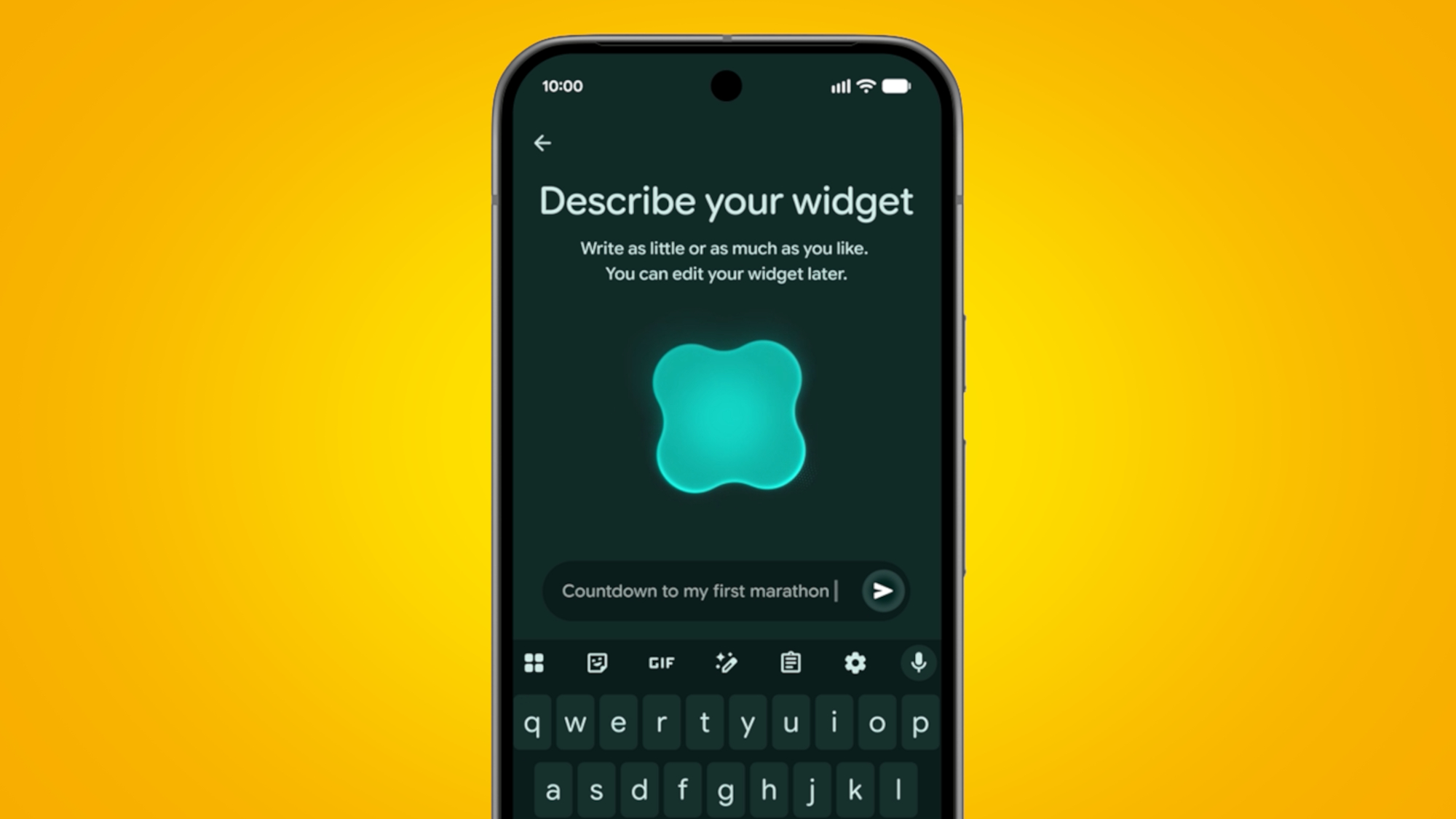The Create My Widget Android interface on a yellow background