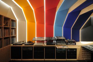 Detail view of the colourful walls of EDC Studio, designed by Fairfax in Paris
