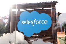 Salesforce blue cloud logo on display at the Mobile World Congress in Barcelona 2024