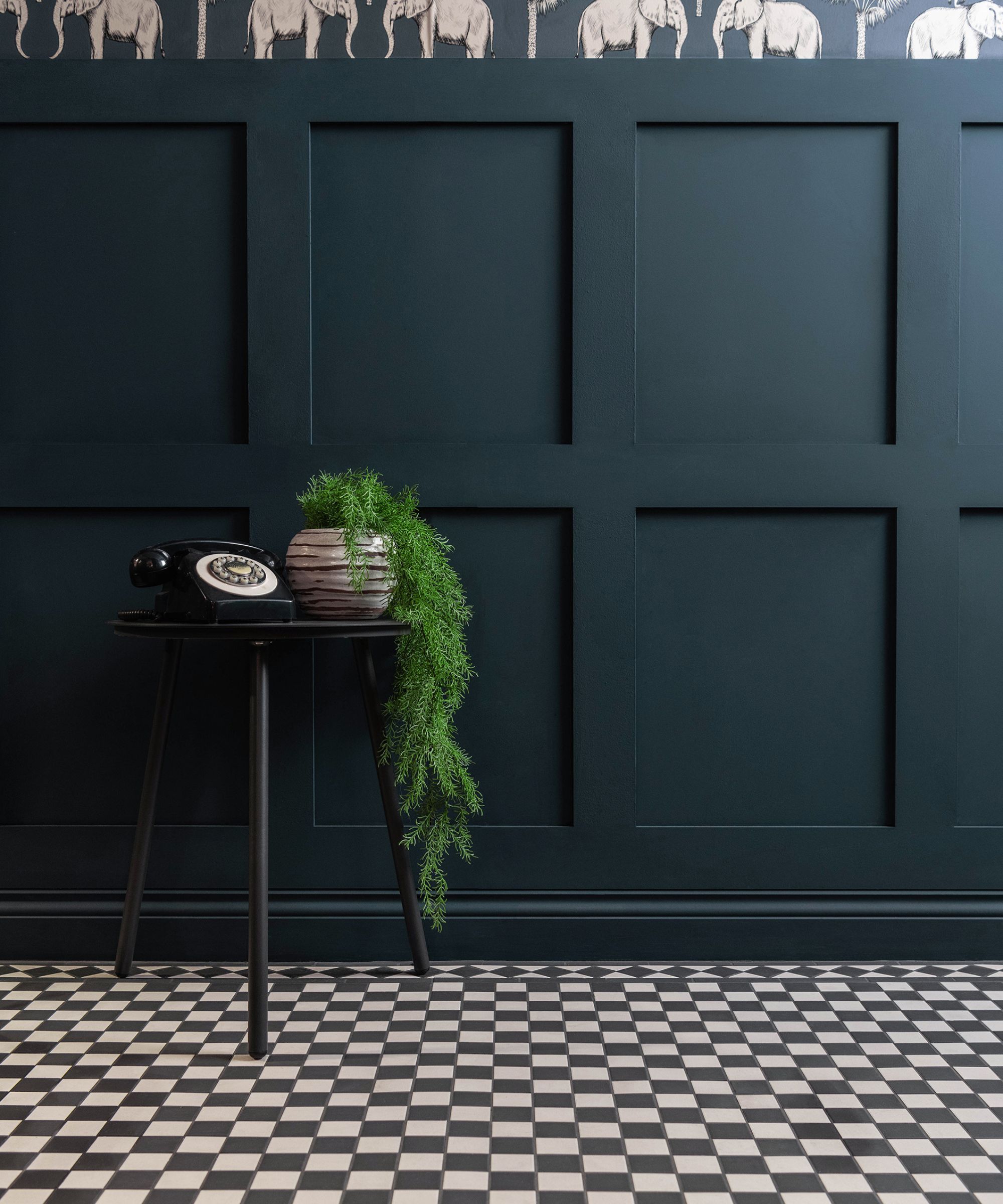 A dark blue panelled hallway wall in a shaker style with a table featuring an old fashioned windup phone and a trailing plant