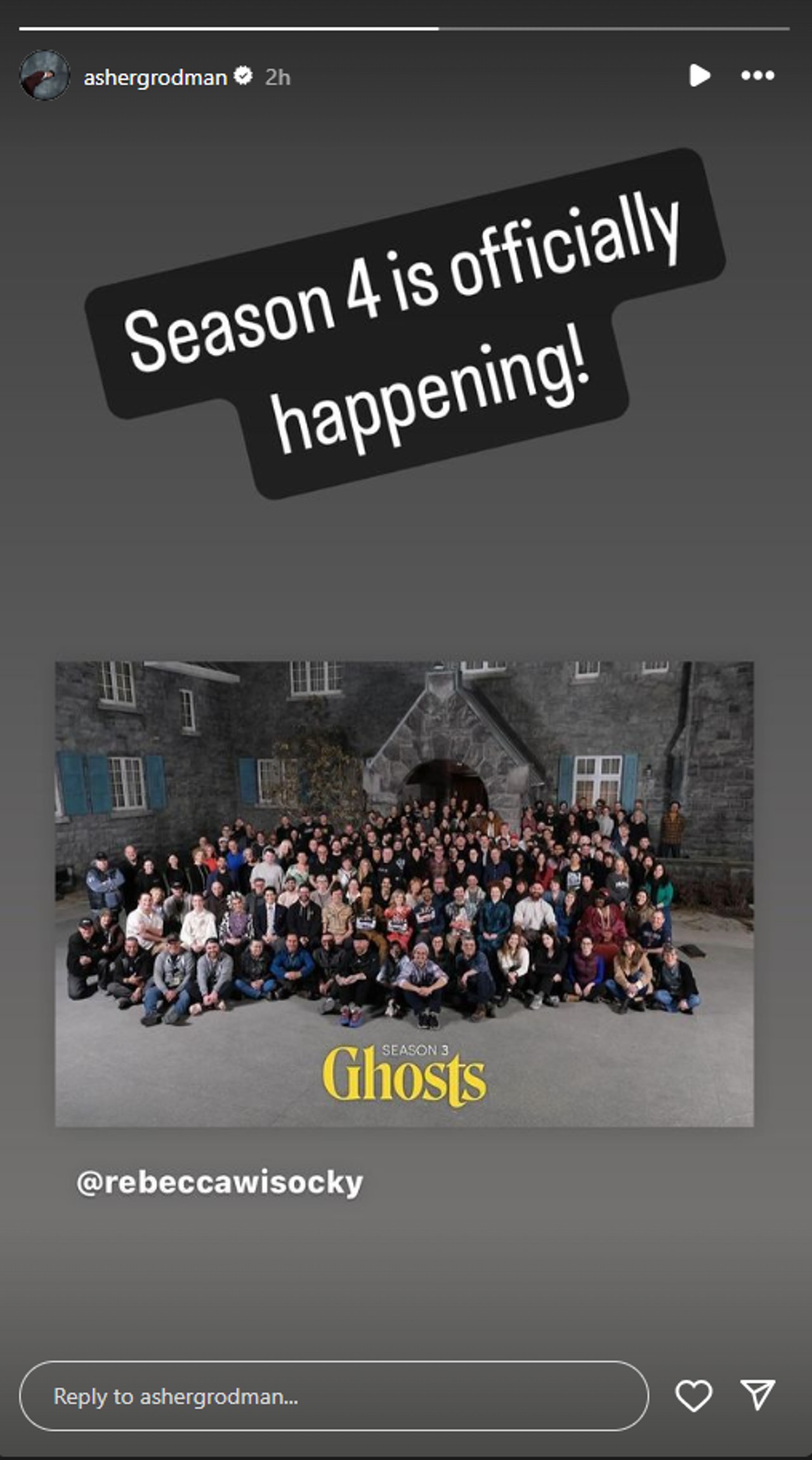 Asher Grodman posted about Ghosts Season 4 on IG story with group photo.