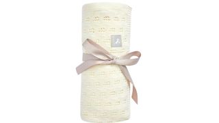 Cream blanket with taupe ribbon tying it up in a bow
