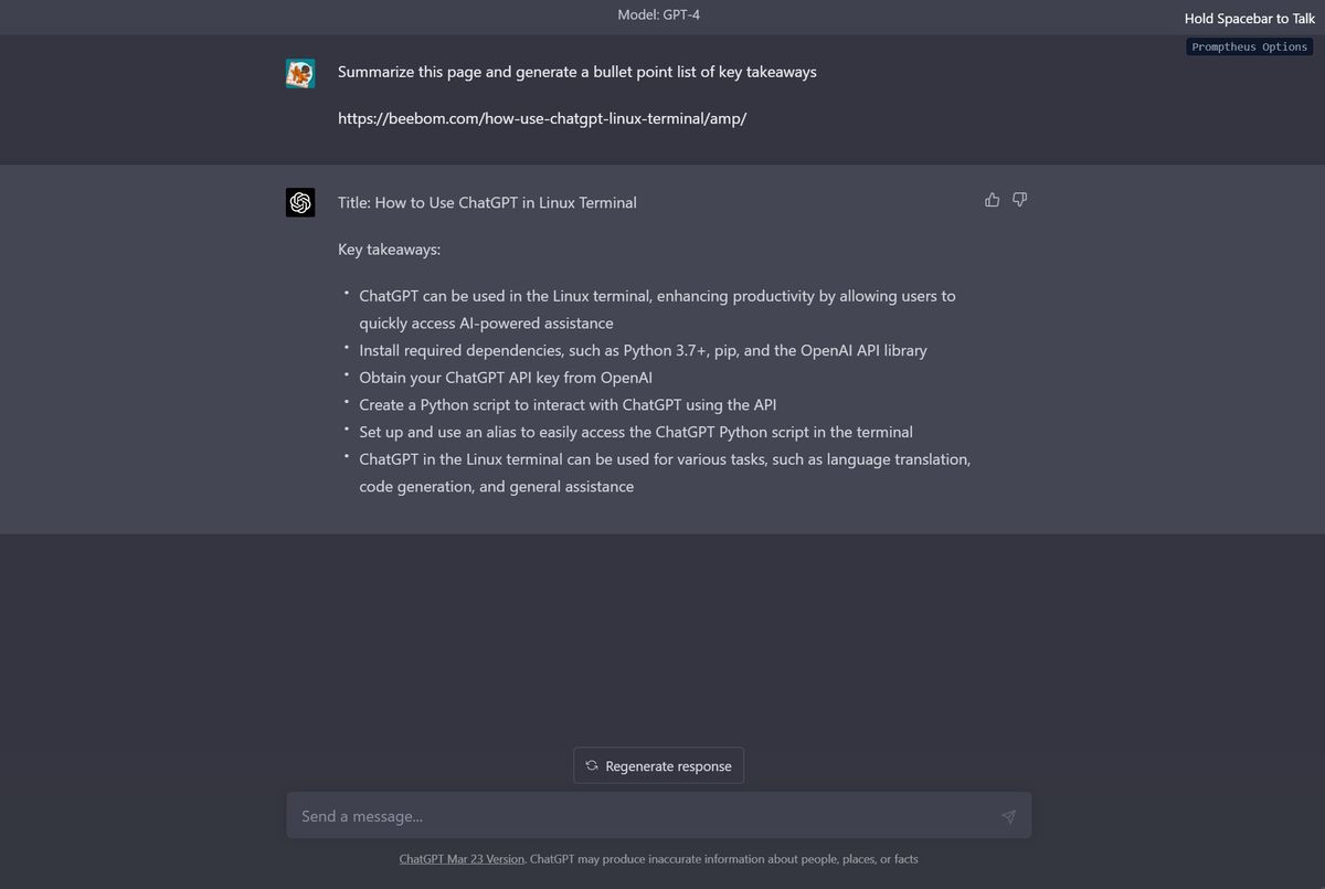 ChatGPT summarizing a webpage