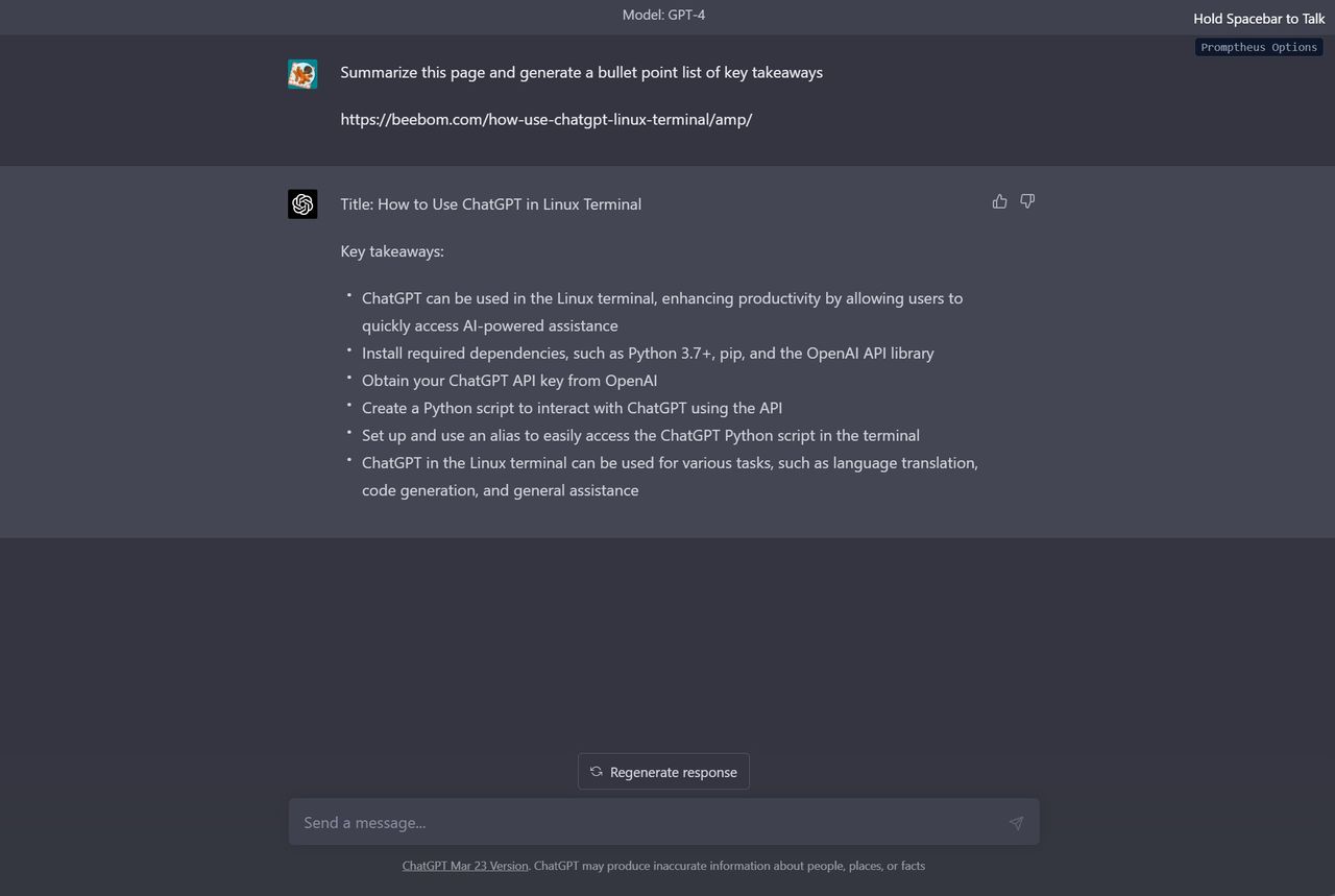 ChatGPT summarizing a webpage