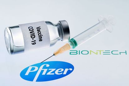 This illustration picture taken on November 23, 2020 shows a bottle reading "Vaccine Covid-19" and a syringe next to the Pfizer and Biontech logo