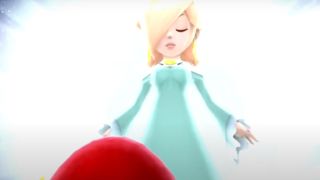 Mario staring up at a radiant Princess Rosalina in Super Mario Galaxy