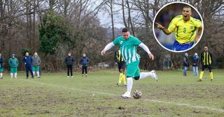 Brazilian Ronaldo performs a rabona while playing in the Essex Sunday league as part of a Paddy Power stunt