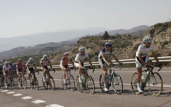 Project 1t4i's Chinese rider Cheng Ji leads the peloton in the Clasica de Almeria