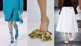 A composite of models on the runway showing fall winter shoe trends 2023 bows
