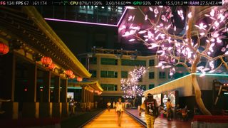 A screenshot of the PC version of Cyberpunk 2077, with the Steam performance overlay showing at the top of the screen