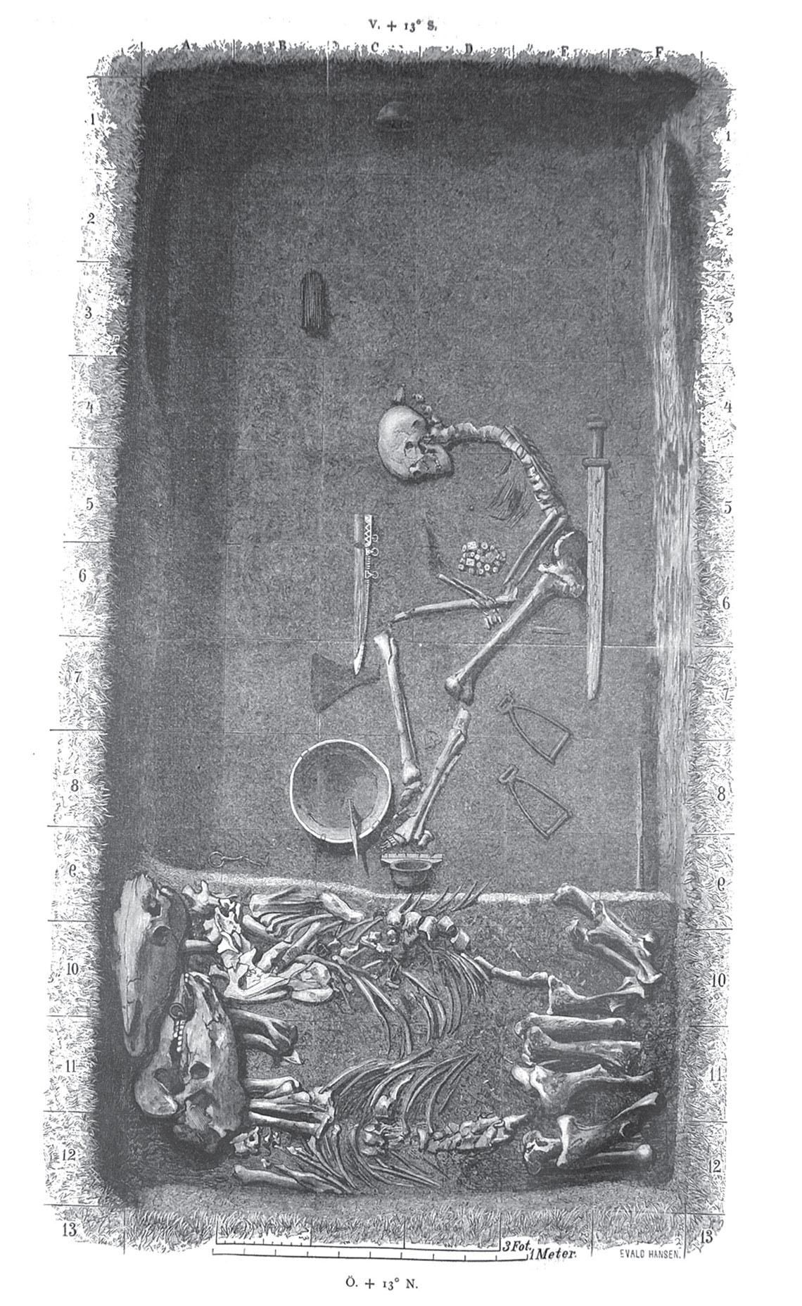 A black and white drawing of a tomb with a skeleton and weapons around it