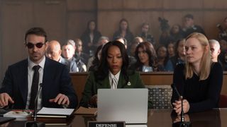 Charlie Cox, Nikki M. James, and Deborah Ann Woll as Matt Murdock, Kirsten McDuffie, and Karen Page in Daredevil: Born Again season 2