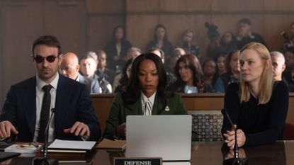 Charlie Cox, Nikki M. James, and Deborah Ann Woll as Matt Murdock, Kirsten McDuffie, and Karen Page in Daredevil: Born Again season 2