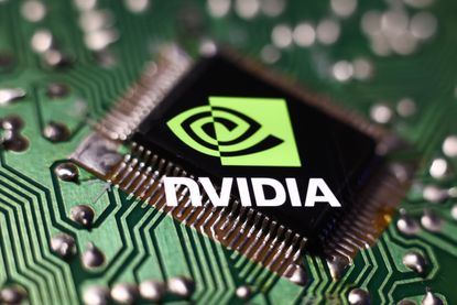 Closeup of Nvidia logo displayed on microchip