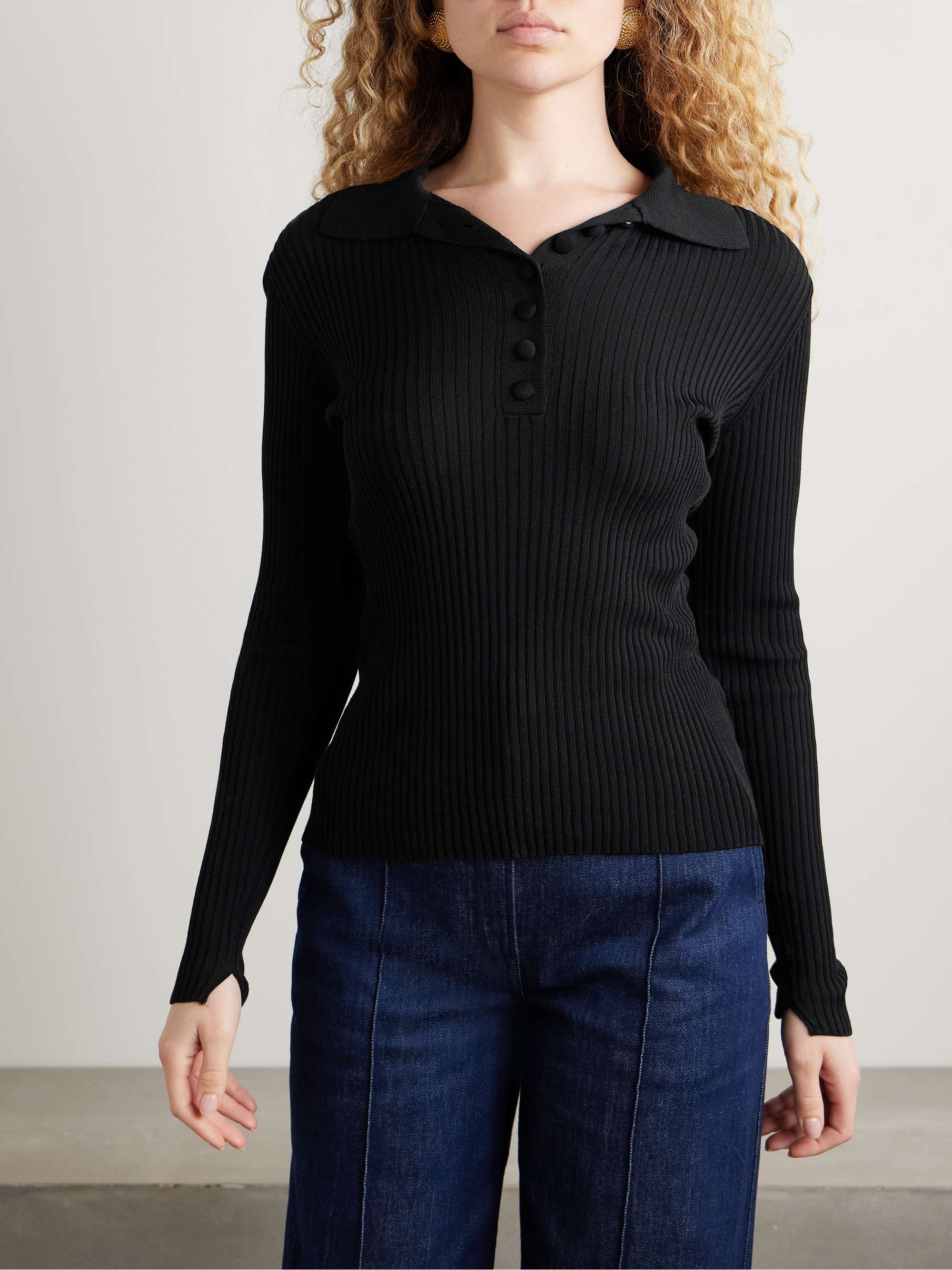 Ribbed-Knit Polo Sweater
