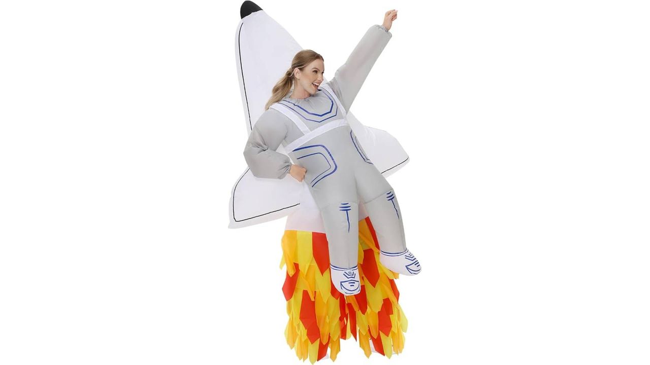 A woman wearing an Inflatable spaceship costume