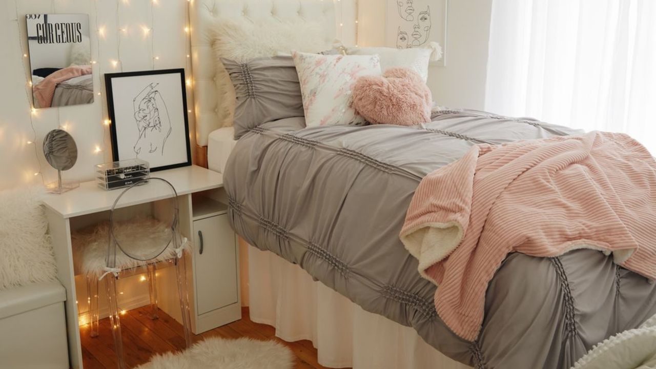 Fluffy bed with desk and string lights