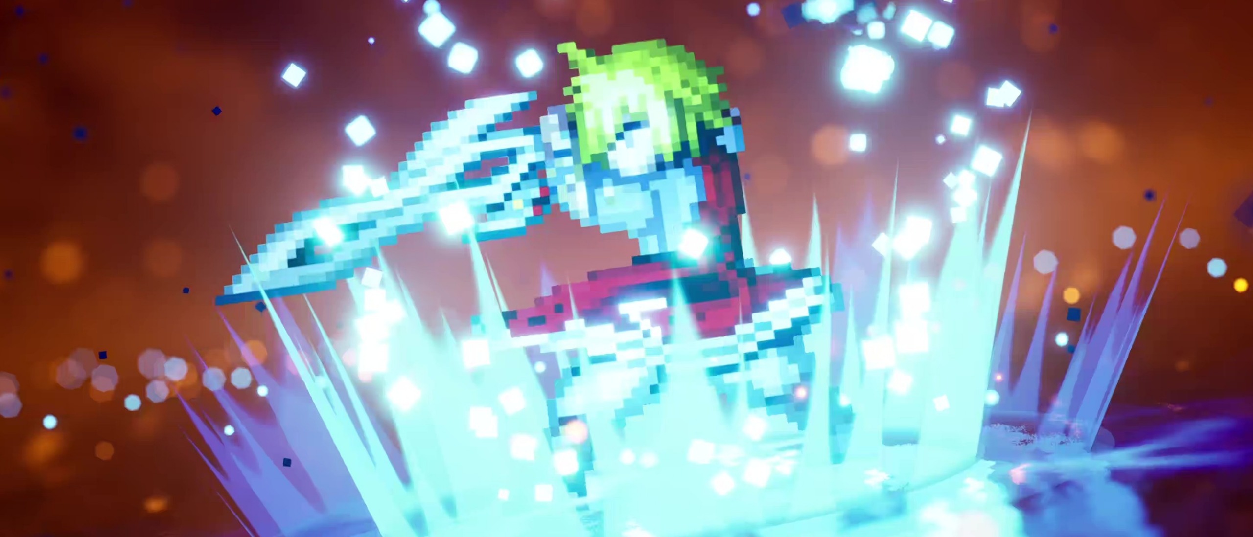 Pixel-art sci-fi hero in a cyan suit rises amid blue-white energy shards against an orange backdrop, creating a dramatic, electric mood.