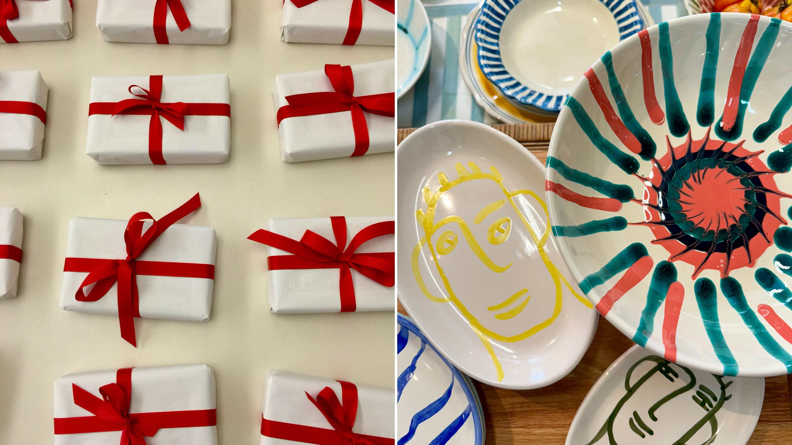 wrapped gifts with red ribbon and colorful tableware