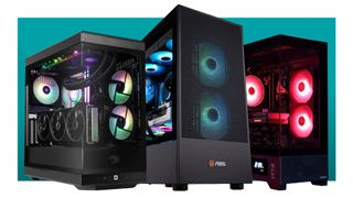 Three gaming PCs on a blue background