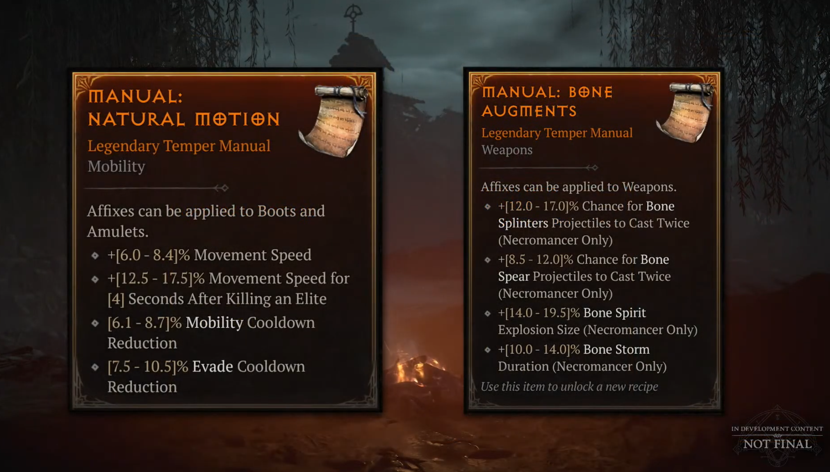 A presentation slide showing two Diablo 4 manuals and their respective stats