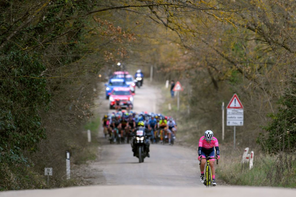 SIENA ITALY MARCH 06 Elena Pirrone of Italy and Team Valcar Travel Service during the Eroica 7th Strade Bianche 2021 Womens Elite a 136km race from Siena to Siena Piazza del Campo Breakaway Peloton Landscape StradeBianche on March 06 2021 in Siena Italy Photo by Luc ClaessenGetty Images