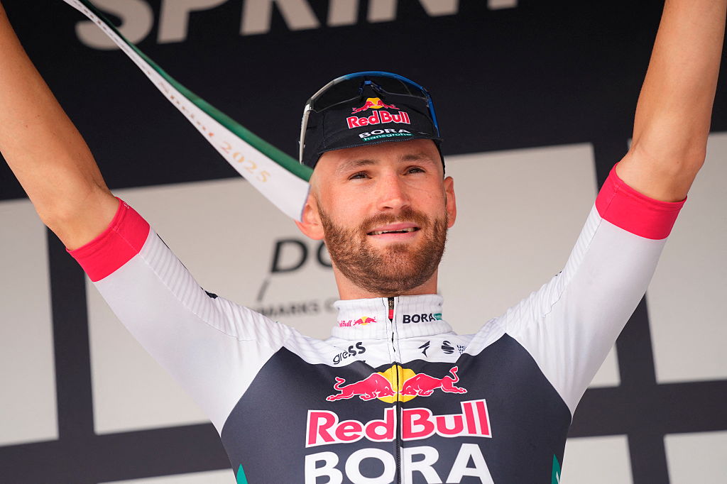Belgium's Jordi Meeus celebratres after winning the men's World Tour race Copenhagen Sprint from Roskilde to Copenhagen in Copenhagen on June 22, 2025. (Photo by Ida Marie Odgaard / Ritzau Scanpix / AFP) / Denmark OUT