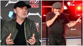 Lars Ulrich chatting at a Metallica event, and Brian Johnson on stage at Power Trip